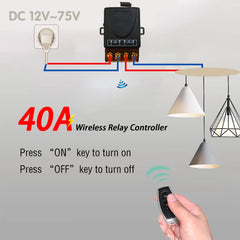 AENTIA 433Mhz Wireless Remote Control Switch with 328ft Long Range Radio Control DC 12V 24V 36V 48V 12V-75V 40A Relay Receiver and 2 Transmitters Keyfobs for Lighting Water Pump Household Appliances