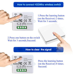 AENTIA Wireless light switch 86 Wall Panel RF Safety switch and 10A AC 220V 85V-250V Relay Receiver Controller, No Wiring Easy instal for lights up to 1500W (2 * Switch + 2 * Receiver)