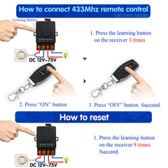 AENTIA 433Mhz Wireless Remote Control Switch with 328ft Long Range Radio Control DC 12V 24V 36V 48V 12V-75V 40A Relay Receiver and 2 Transmitters Keyfobs for Lighting Water Pump Household Appliances