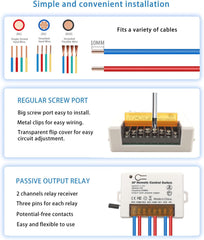 AENTIA 2 Channels Wireless Relay Remote Control Switch 433Mhz RF DC 5V 12V 24V 30V 10A Relay Receiver with 2 Transmitters Keyfob, Big Terminal Easy Wiring