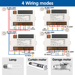 AENTIA 4 Channels Wireless Relay Remote Control Switch 433Mhz RF AC 110V 120V 220V 240V 10A Relay Receiver with 2 Transmitters Keyfob, Big Terminal Easy Wiring