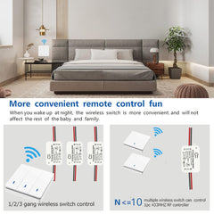 AENTIA Wireless light switch 86 Wall Panel RF Safety switch and 10A AC 220V 85V-250V Relay Receiver Controller, No Wiring Easy instal for lights up to 1500W (2 * Switch + 2 * Receiver)