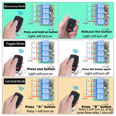 AENTIA DC 12V 24V 4CH Wireless Remote Control Switch DC 6-30V 10A 4-Channels 433Mhz Radio Frequency Relay Receiver with 2 RF Transmitters for Lights Garage Door Motor Awning