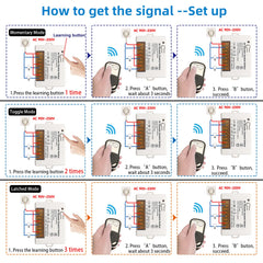 AENTIA 2 Channels Wireless Relay Remote Control Switch 433Mhz RF AC 110V 120V 220V 240V 10A Relay Receiver with 2 Transmitters Keyfob, Big Terminal Easy Wiring