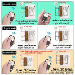 AENTIA 2 Channels Wireless Relay Remote Control Switch 433Mhz RF AC 110V 120V 220V 240V 10A Relay Receiver with 2 Transmitters Keyfob, Big Terminal Easy Wiring