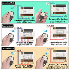 AENTIA 4 Channels Wireless Relay Remote Control Switch 433Mhz RF DC 5V 12V 24V 30V 10A Relay Receiver with 2 Transmitters Keyfob, Big Terminal Easy Wiring