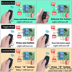 AENTIA DC 12V 24V 30V Secure Remote Control Switch Universal Wireless 433Mhz Rf 10A Relay Receiver Board with 2 Transmitter Key Fobs for Motor Light Gate Door DIY Wireless Controller