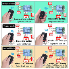 AENTIA DC 12V Wireless Relay Remote Control Switch 433MHz RF 4 Channels Relay Receiver Board with 2 Transmitters for Truck Trunk Motor Garage Door Electric Lock, 3 Operating Modes
