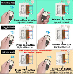 AENTIA 2 Channels Wireless Relay Remote Control Switch 433Mhz RF DC 5V 12V 24V 30V 10A Relay Receiver with 2 Transmitters Keyfob, Big Terminal Easy Wiring